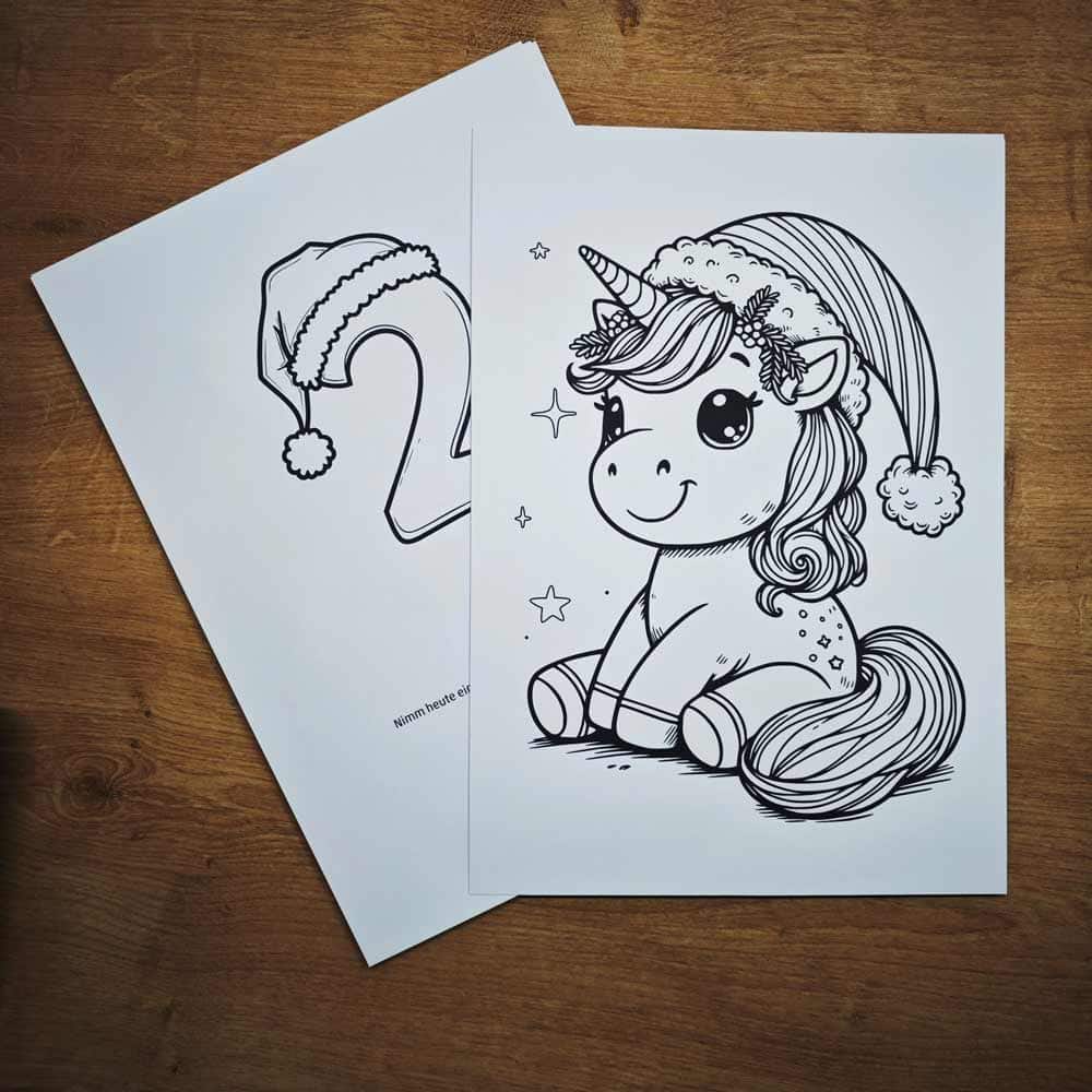 Kostenloser Adventskalender zum Downloaden - Einhorn Ausmalseite