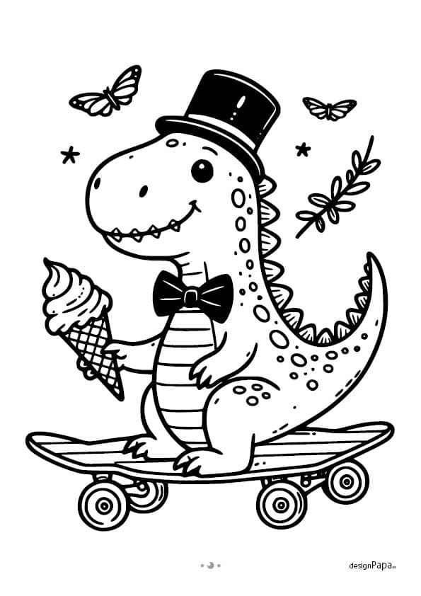 Ausmalseite eines Dino auf einem Skateboard
