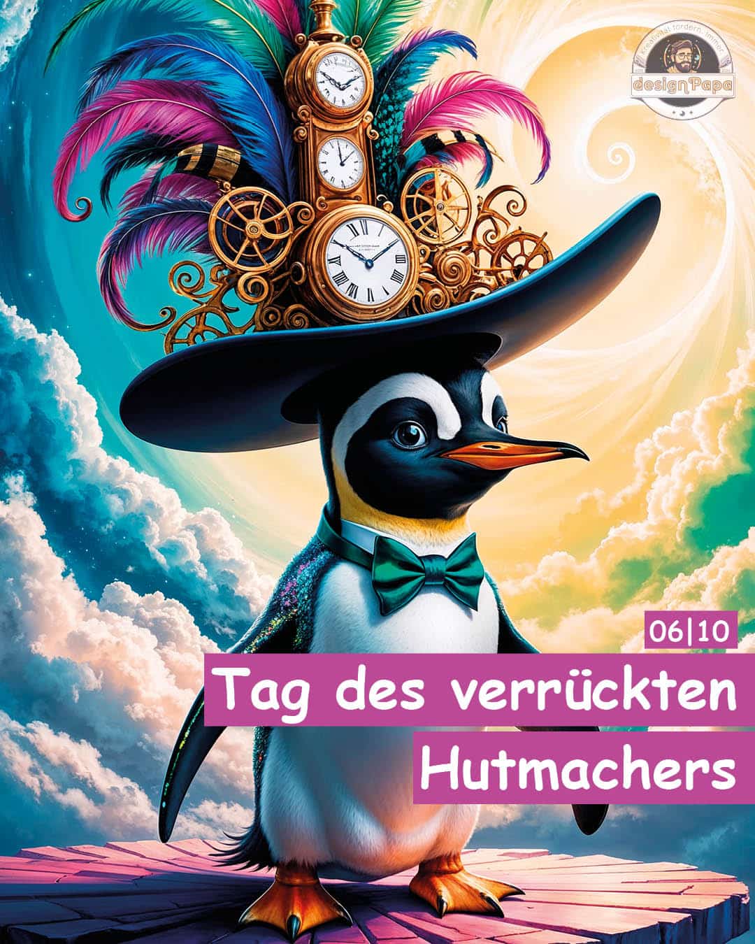 Tag des verrückten Hutmachers - kostenlose Ausmalseite Pinguin mit großem Hut.