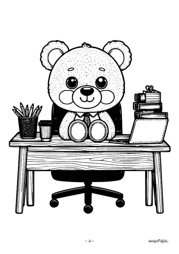 Teddybär im Büro. Ausmalseite zum nimm deinen Teddybär mit zur Arbeit Tag.