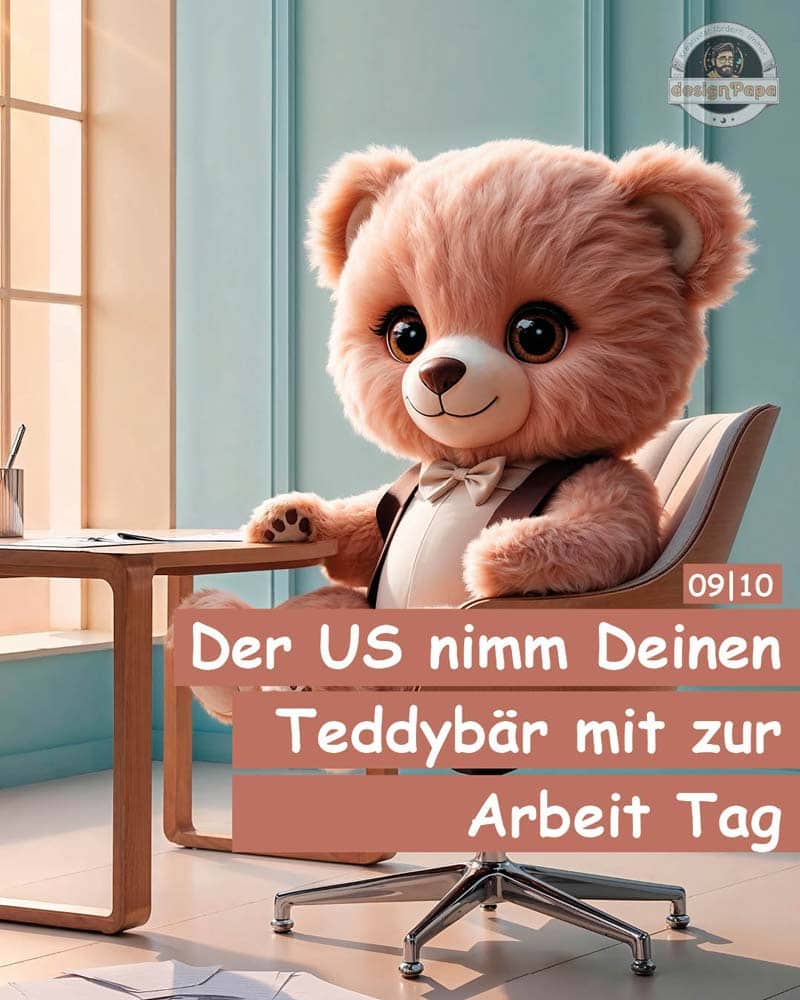 Teddybär im Büro. Ausmalseite zum nimm deinen Teddybär mit zur Arbeit Tag.