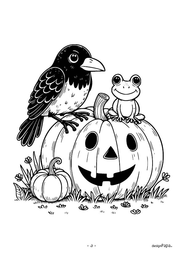Halloween Ausmalbild Rabe auf einem Kürbis mit Frosch.