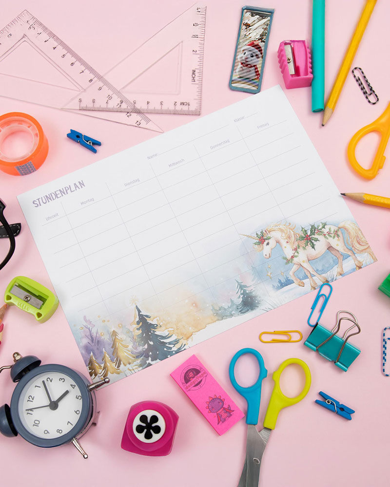 Schulplaner digital Einhorn | Stundenplan Kinder rosa zum Ausdrucken PDF A4 Weihnachten | Schulkalender im Wasserfarben Stil